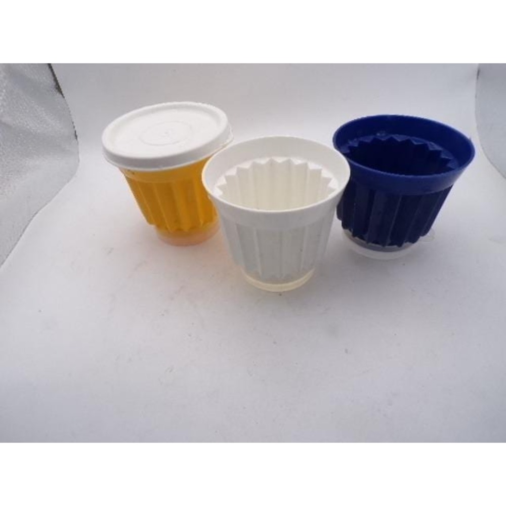 Set of 3 Vintage Jello Molds Dessert Cups Yellow White Blue One Lid